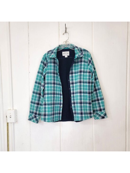 Orvis Tops - Orvis Classic Collection Green & Navy Plaid Fleece-Lined Snap Front Shirt Shacke